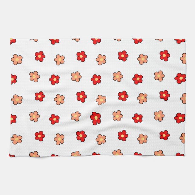 Whimsical Red & White Flower Retro Floral Design Kitchen Towel (Horizontal)
