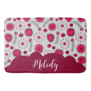Whimsical red white hearts flowers floral name bath mat