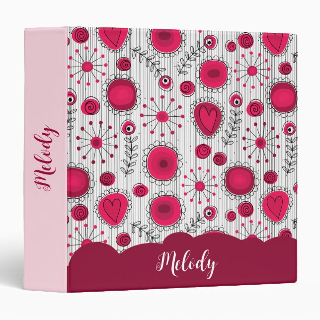 Whimsical red white hearts flowers floral name binder (Front/Spine)