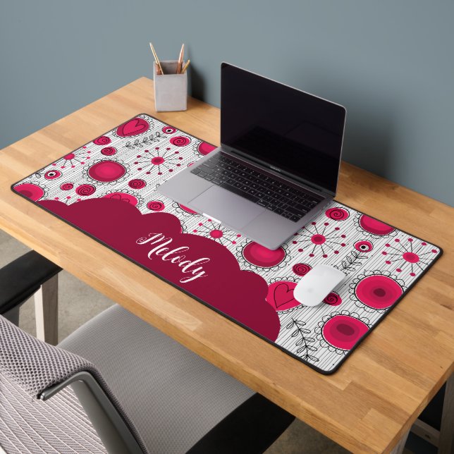 Whimsical red white hearts flowers floral name desk mat (Office 2)