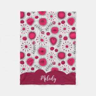 Whimsical red white hearts flowers floral name fleece blanket