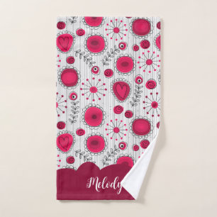 Whimsical red white hearts flowers floral name hand towel
