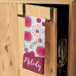 Whimsical red white hearts flowers floral name kitchen towel