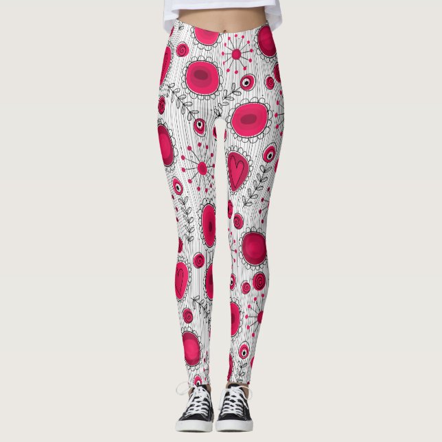 Whimsical red white hearts flowers floral name leggings (Front)