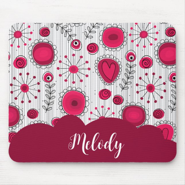Whimsical red white hearts flowers floral name mouse pad (Front)