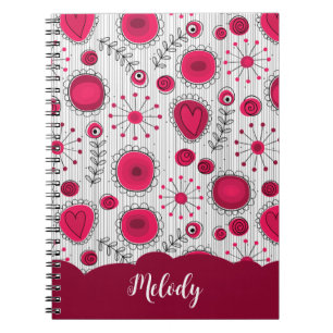 Whimsical red white hearts flowers floral name notebook