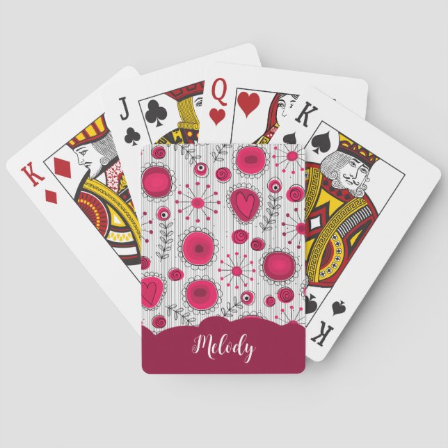 Whimsical red white hearts flowers floral name playing cards (Back)
