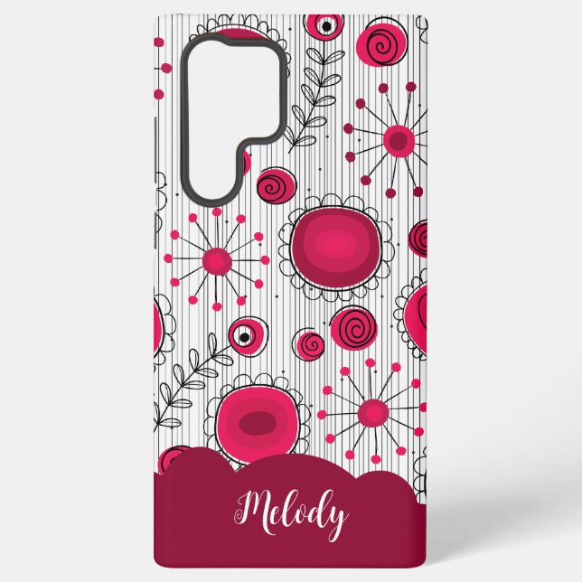 Whimsical red white hearts flowers floral name samsung galaxy s22 ultra case (Back)