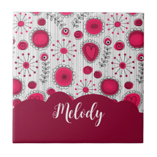 Whimsical red white hearts flowers floral name tile