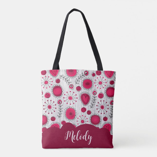 Whimsical red white hearts flowers floral name tote bag (Back)