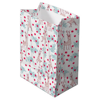Whimsical Reindeer and Berry Christmas Pattern Medium Gift Bag