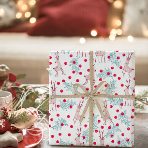 Whimsical Reindeer and Berry Christmas Pattern Wrapping Paper