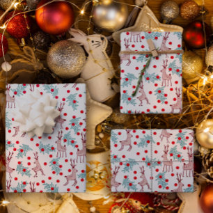 Whimsical Reindeer and Berry Christmas Pattern Wrapping Paper Sheet