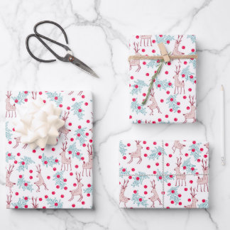Whimsical Reindeer and Berry Christmas Pattern Wrapping Paper Sheet