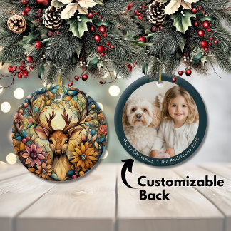 Whimsical Reindeer Christmas Customizable Ceramic Ornament