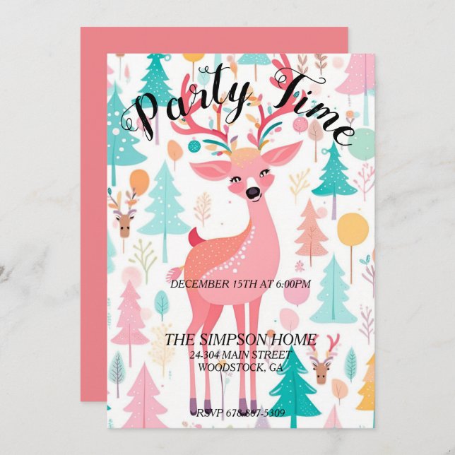 Whimsical Reindeer Christmas Holiday Invitation (Front/Back)