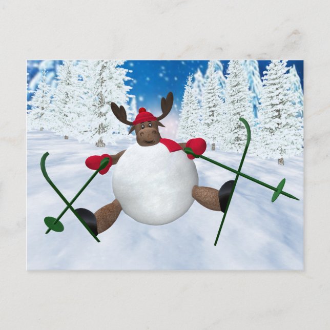 Whimsical Reindeer: Clumsy Skier Postcard (Front)