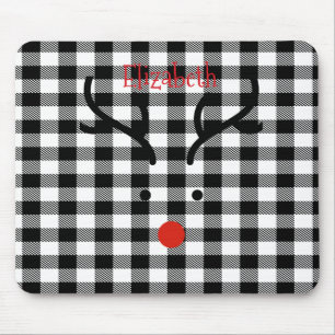 Whimsical Reindeer Face Black Buffalo Plaid Mouse Pad