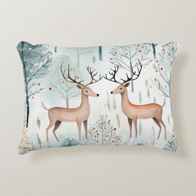 Whimsical Reindeer in the Forest Illustration Accent Pillow (Front)
