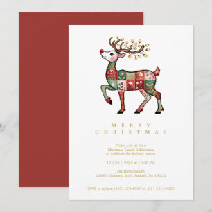 Whimsical Reindeer Patchwork Christmas Red TMF26 Invitation