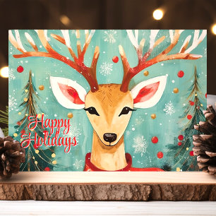 Whimsical Reindeer with Christmas Trees Holiday Card