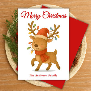 Whimsical Reindeer with String Lights Christmas Holiday Card