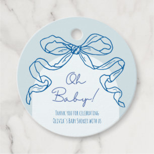 Whimsical Retro Blue Hand Drawn Bow Baby Shower Favour Tags