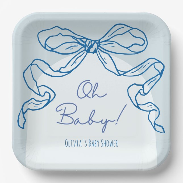 Whimsical Retro Blue Hand Drawn Bow Baby Shower Paper Plate (Front)