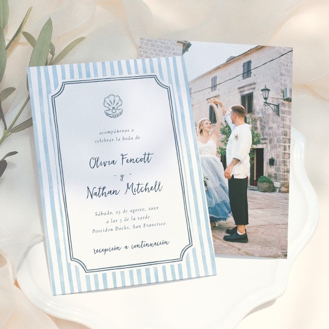 Whimsical Retro Blue Stripes Spanish Wedding Invitation (Creator Uploaded)