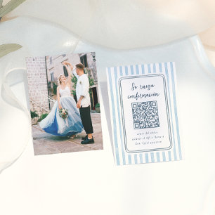 Whimsical Retro Blue Stripes Spanish Wedding RSVP Enclosure Card