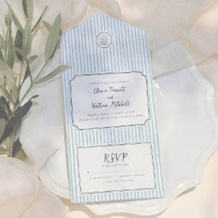 Whimsical Retro Blue Stripes Wedding All In One Invitation