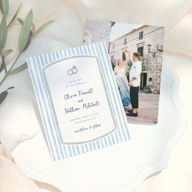Whimsical Retro Blue Stripes Wedding Save the Date (Créateur téléchargé)