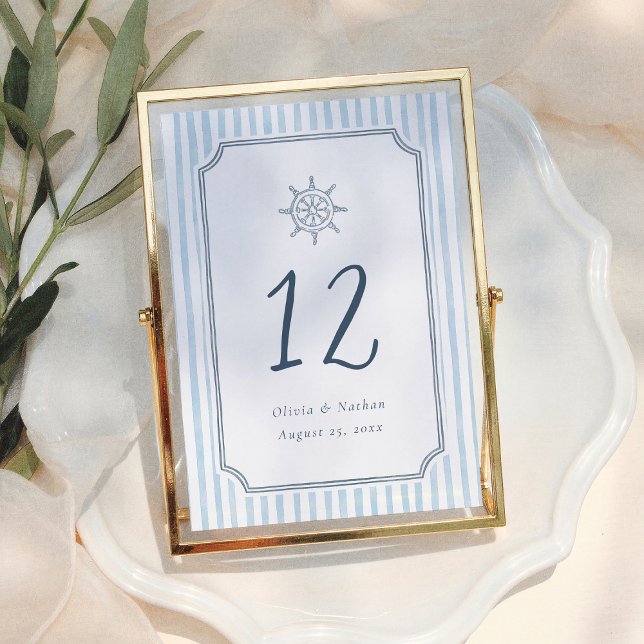 Whimsical Retro Blue Stripes Wedding Table Number (Creator Uploaded)