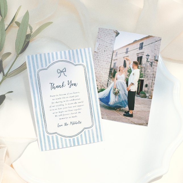 Whimsical Retro Bow & Blue Stripes Wedding Thank You Card (Creator Uploaded)