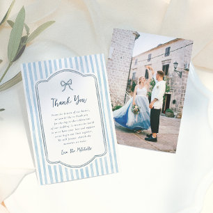 Whimsical Retro Bow & Blue Stripes Wedding Thank You Card