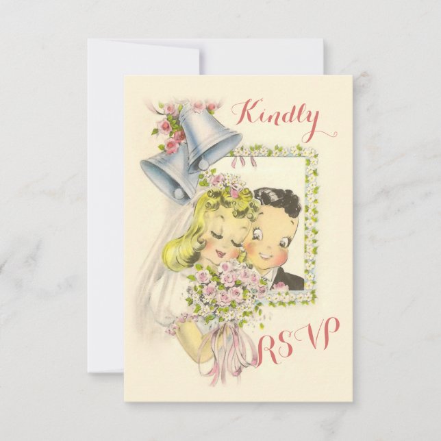 Whimsical Retro Bride and Groom Wedding RSVP Card (Front)