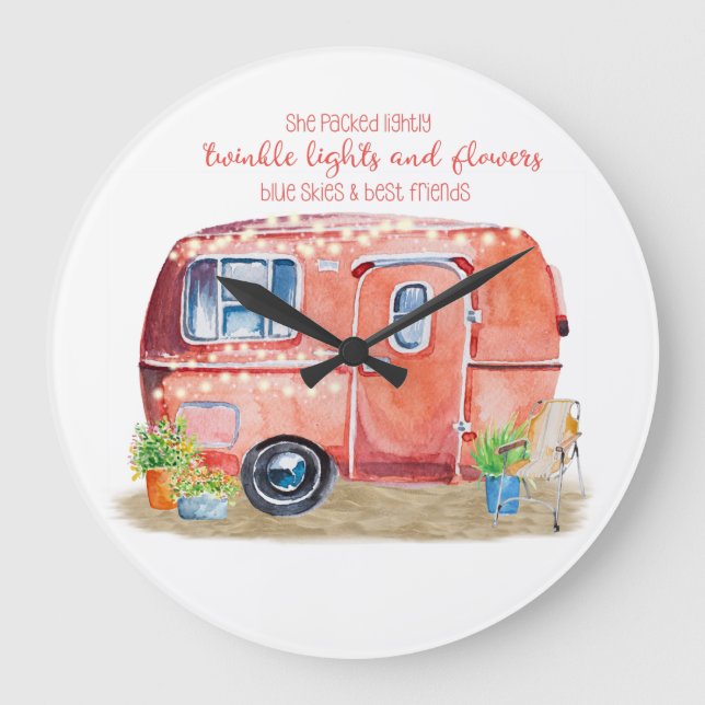 Whimsical Retro Camper Caravan Friends Quote Large Clock (Front)