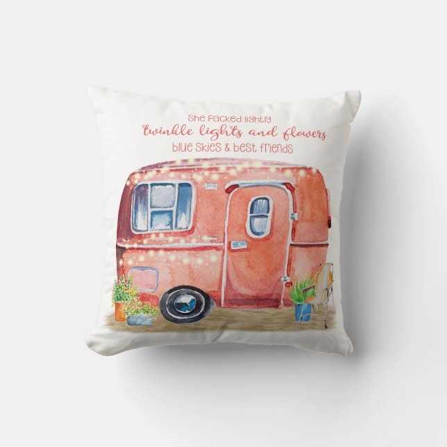 Whimsical Retro Camper Caravan Friends Quote Throw Pillow (Front)