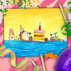 Whimsical Retro Cartoon Seaotter Sunset Birthday  Postcard