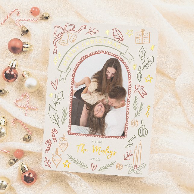 Whimsical Retro Christmas Illustrations Arch Photo Foil Holiday Card (Creator Uploaded)