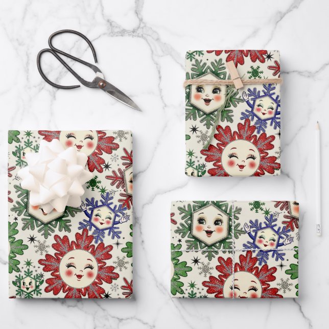 Whimsical Retro Christmas Snowflakes Wrapping Paper Sheet (Front)