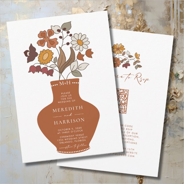 Whimsical Retro Floral QR Code Wedding Invitation (Whimsical Retro Boho Floral Wedding Invitation2 for Mix and Match)
