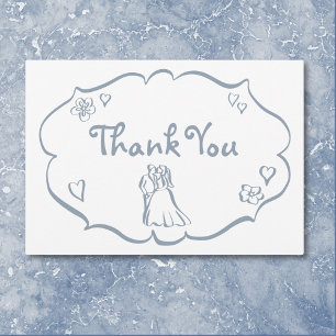 Whimsical Retro Hand Drawn Dusty Blue Wedding Thank You Card