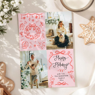 Whimsical Retro Hand Drawn Happy Holidays 2 Photo Holiday Card