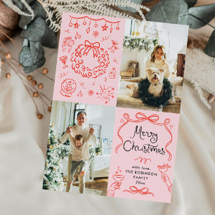 Whimsical Retro Hand Drawn Merry Christmas 2 Photo Holiday Card