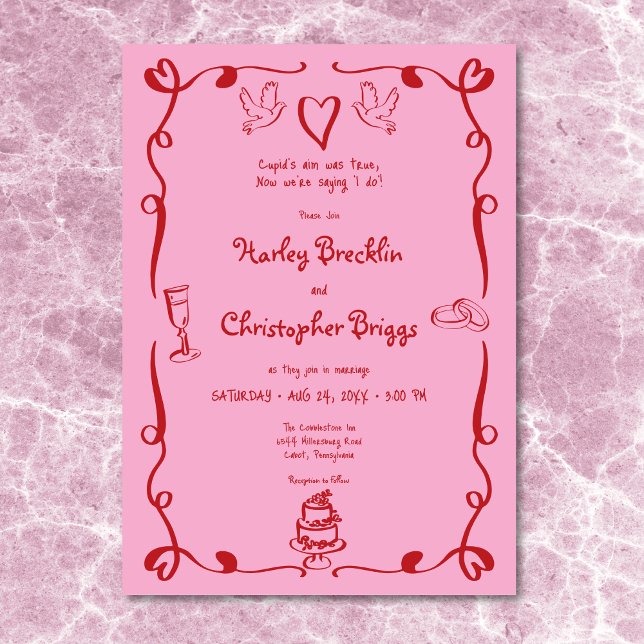 Whimsical Retro Hand Drawn Pink Red Wedding Invitation (Whimsical Retro Hand Drawn Pink Red Wedding Invitation)