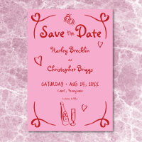 Whimsical Retro Hand Drawn Pink Red Wedding