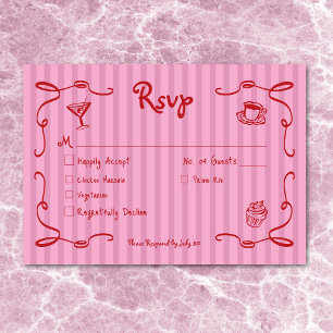 Whimsical Retro Hand Drawn Pink Red Wedding Stripe RSVP Card