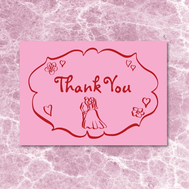 Whimsical Retro Hand Drawn Pink Red Wedding Thank You Card (Whimsical Retro Hand Drawn Pink Red Wedding Thank You Card)