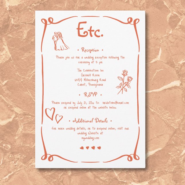 Whimsical Retro Hand Drawn Sunset Orange Wedding Enclosure Card (Whimsical Retro Hand Drawn Sunset Orange Wedding Enclosure Card)